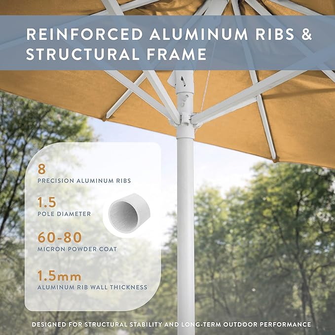 California Umbrella 12-Year Protection 9-Ft Outdoor Patio Umbrella, Sunbrella Fade-Resistant Fabric, Auto-Tilt, Heavy Duty Aluminum Frame, 8 Reinforced Ribs for Pool or Deck, White Pole, Wheat
