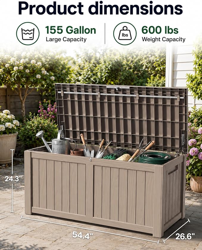 MAKINO 155 Gallon Waterproof Outdoor Storage Box, Large Lockable Deck Box, Indoor Outdoor Resin Storage Bench with Hydraulic Rod for Patio/Cushions/Garden Tools/Backyard/Pool Accessories, Grey Brown