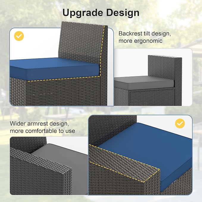 Patio Furniture Set, 6PCS Patio Sectional with Ottoman Wicker Rattan Outdoor Furniture with Thickened Cushion Modular Wicker Patio Conversation Set with Glass Top Table for Balcony, Backyard(Blue)