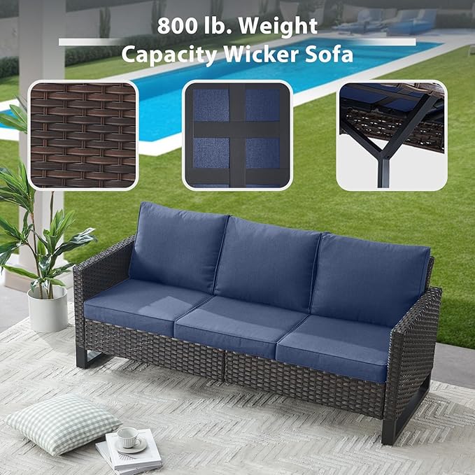 6 Piece Wicker Patio Furniture Set - Outdoor Swivel Rocker Chairs Set with Side Table, 3 Seat Sofa and Ottomans, Small Patio Conversation Sets Proch Furniture for Balcony Deck - Brown/Blue