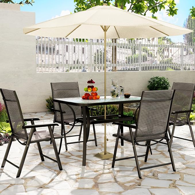 SogesPower Outdoor Tempered Glass Table Patio Dining Table with Umbrella Hole Steel Frame 47 Inch Black