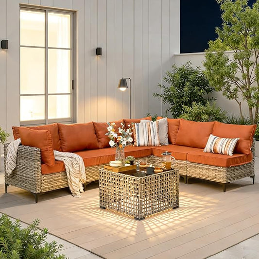 7 Pieces Patio Furniture Set with Solar Light Coffee Table, All-Weather Rattan Outdoor Sectional Conversation Sets L Shaped Sofas with Thick Cushions for Porch Balcony Backyard Orange
