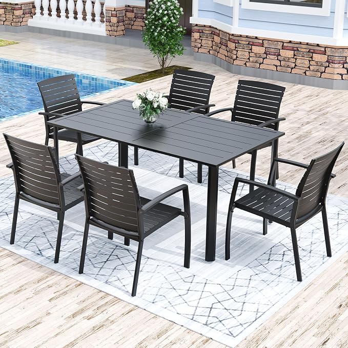 Anmutig 7 Piece Outdoor Dining Set, 63" Table & 6 Aluminum Frame Chairs | Stackable Chairs, Resin Slat Seating, Powder-Coated Steel Table, Umbrella Hole, Easy Assembly, Patio, Garden, Backyard