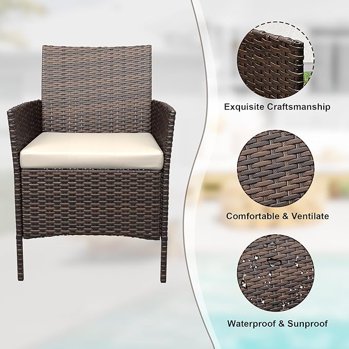 Patio Furniture Set 3 Pieces,Outdoor Patio Conversation Sets, PE Rattan Wicker Furniture Sets with 2 Chairs,Soft Cushion and 1 Coffee Table, Bistro Set of 2 for Backyard Balcony Porch Apartments,Brown