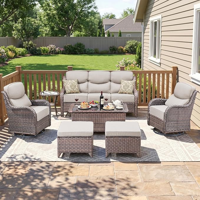 Luxury Patio Furniture Set 7pcs with 6-inch Cushion, Outdoor Furniture with Coffee Table, Swivel Chairs, Sofa, Side Table, Ottomans, Patio Set for Deck Yard and Poolside Brown Wicker | Beige Cushions