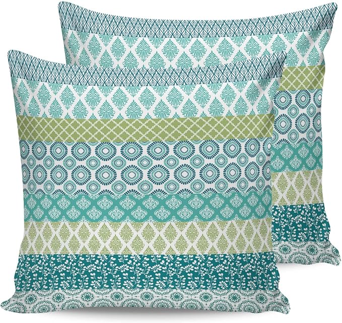 Outdoor Waterproof Throw Pillow Covers Set of 2 Teal Boho Stripe Tribal Vingtage Lumbar Pillowcases 20x20 Inch Green Bohemian Style Decorative Pillows Cushion Case Patio Pillows for Couch Bed Garden