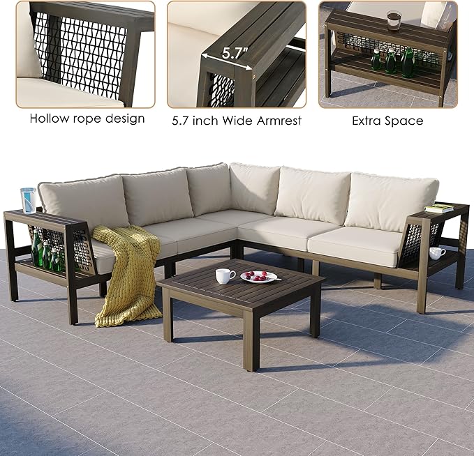 Merax 4 Pieces Patio Furniture Set, Outdoor L-Shaped Sectional Sofa Set with Coffee Table, Acacia Wood Conversation Seating & Thick Cushions and Side Table, for Garden, Poolside and Backyard, Beige