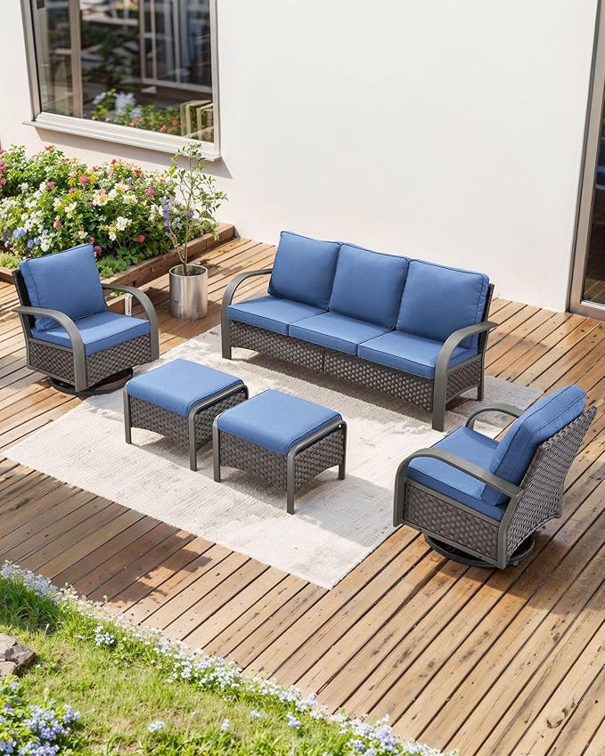 HUMMUH Outdoor Patio Furniture Sets-Wicker Patio Furniture Couch and Swivel Rocker Chairs Conversation Set for Deck Porch Garden Poolside Backyard-Brown/Blue