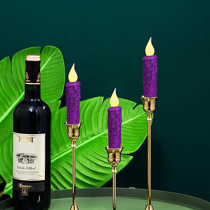 CVHOMEDECO. Glitter Flameless Candles Flickering Battery Operated LED Taper Candles with Timer for Home, Wedding, Halloween, Christmas Decor. Purple, 4-3/4 Inch, Set of 6