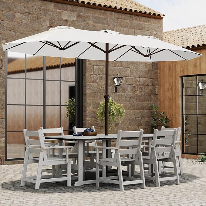 BRIOPAWS 15-FT-Large-Patio-Umbrella-with-Base | Double-Sided | Outdoor Table Umbrellas | w/Crank Handle | 12 Sturdy Fiberglass Rib | UV-Protection | for Garden Deck Backyard Pool | Beige