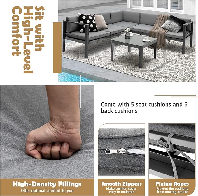 Tangkula 3 Piece Aluminum Patio Furniture Set, Patiojoy Outdoor Sectional Sofa Set with 6-Level Reclining Backrest, Tempered Glass Tabletop, Seat & Back Cushions for Backyard, Poolside (Grey)