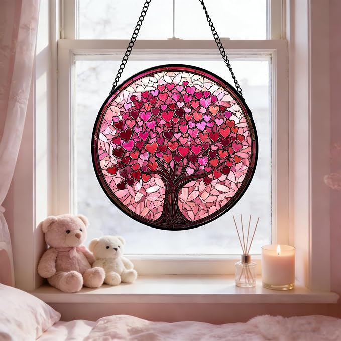 Stained Glass Window Hanging, Birthday Gifts for Women Mom Grandma Nana Wife Couple, Pink Love Tree Suncatcher for Doors Window Home Sun Catchers Gifts Decor 7.8 in
