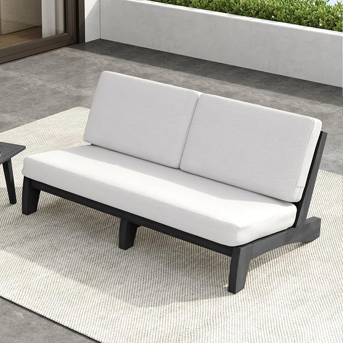 Outdoor Furniture Patio Couch, Weather Resistant 3-Seater Patio Sofa with Removable Cushion, Black Solid Wood Frame for Porch & Backyard Seating - Beige