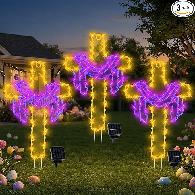 Retisee 3 Pack Easter Cross Solar Garden Lights Outdoor-12 Inch LED Lighted Cross Yard Stakes, Waterproof Solar Lamps,Religious Pathway Lawn Decorations for Easter Church Memorial Garden