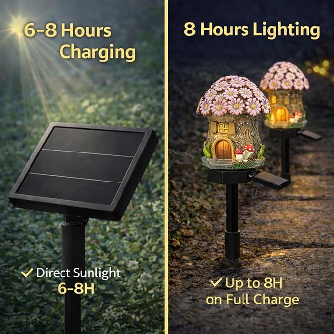 Solar Garden Lights Outdoor, 2 Pack Decorative Solar Flower Cottage Pathway Lights Waterproof, Resin Fairy Garden Lights for Yard Lawn Patio Decor