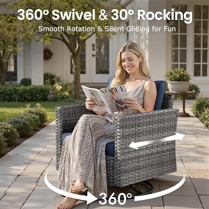 10 PCS Outdoor Patio Furniture Sets with 42'' Fire Pit Table,Wicker Weather Resistant Patio Conversation Set with Wicker Rocking Chair,Modular L Shaped Sofa with Coffee Table for Yard,Denim Blue