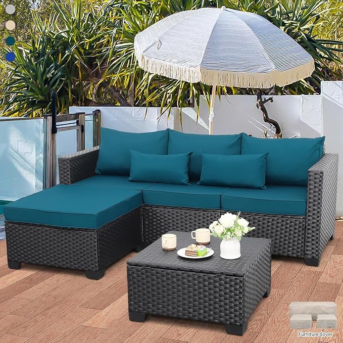 3 Piece Outdoor Patio Furniture Set with Waterproof Covers, Light Grey Patio Couch for Backyard, Deck, Porch Lounge(Blue)