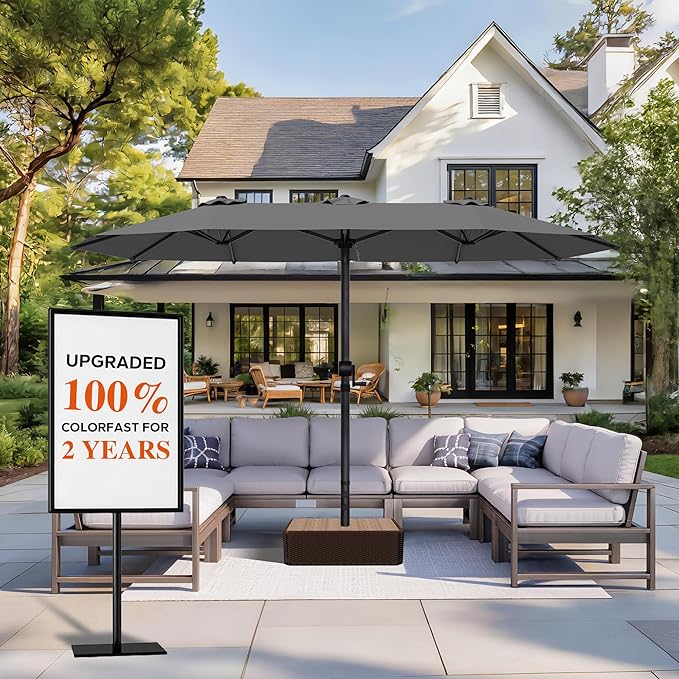 GDPFN 15ft Large Patio Umbrella with Solar Lights, Outdoor Double-Side Rectangular Umbrella, Backyard Pool Umbrella with LED Light for Deck, Outside, Market, Dark Gray (Base Not Include)