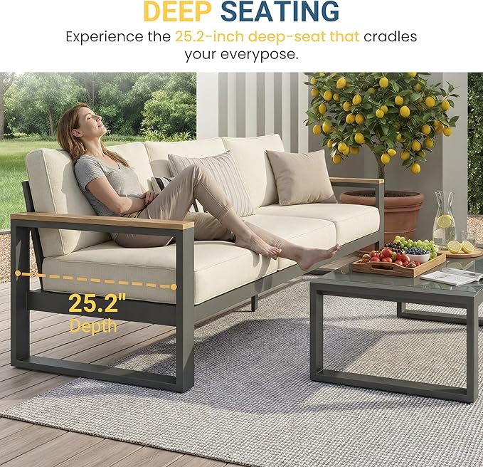 RoyalCraft Aluminum Outdoor Patio Furniture Set with Height-Adjustable Footrest, 3-Seats All-Weather Patio Sofa Sets with Coffee Table for Porch Backyard Garden Patio, Beige