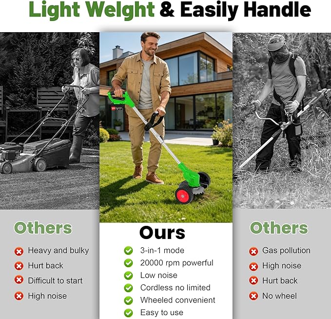 Cordless Weed Wacker Electric Eater Battery Powered 21V x 2 Battery Operated Stringless Weed Trimmer 3-in-1 Grass Trimmer/Lawn Edger/Brush Cutter with 4 Types Blades & Wheels for Garden Yard