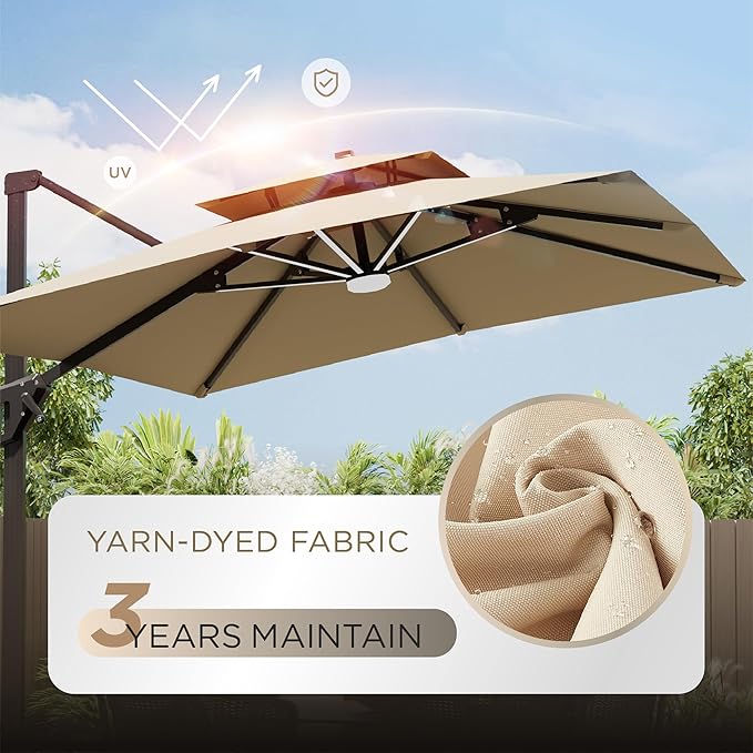 10' X 13' Patio Umbrella with Weighted Base and LED Lights Outdoor Cantilever Large Rectangle Offset Umbrellas Heavy Duty Aluminum Double Top with 360-degree Rotation for Pool Garden Deck, Beige