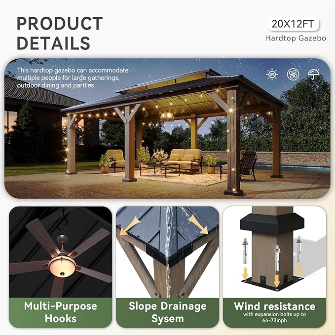 Aoxun 12' x 20' Outdoor Wood Gazebo, Hardtop Gazebo Permanent Wooden Pavilion with Galvanized Steel Double Roof, and LED Outdoor Waterproof Hanging Lights, for Patio, Garden, Deck, Cedar Wood