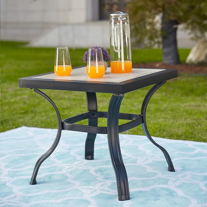 LOKATSE Home 21" Outdoor Square Patio Bistro Side Table Metal Steel Legs with Ceramics Top