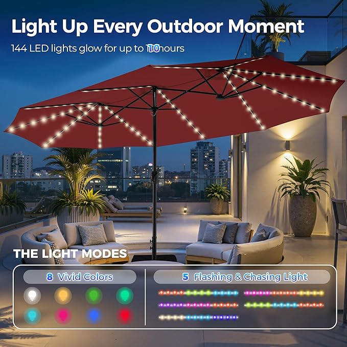 SUPERJARE 15ft Large Patio Umbrella with Base included, Double Sided Outdoor Umbrella with Solar Lights, Pool Umbrella with Fade Resistant Canopy for Deck, Porch, Yard, Balcony, Burgundy