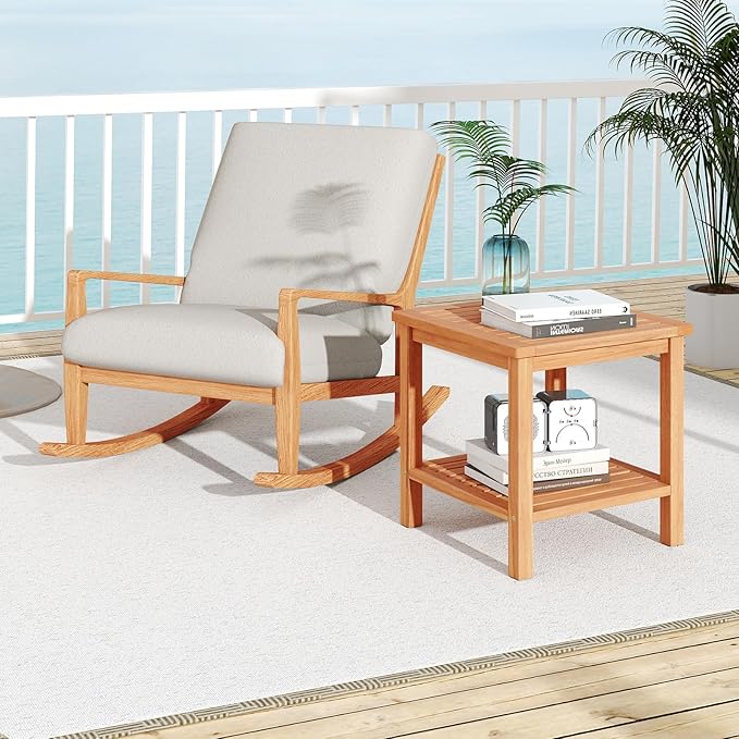 HAPPYGRILL Acacia Wood Outdoor Side Table, 2-Tier Indoor End Table with Spacious Tabletop and Slatted Storage Rack, Square Wood Table for Poolside, Living Room, Porch, Balcony and Garden (1)