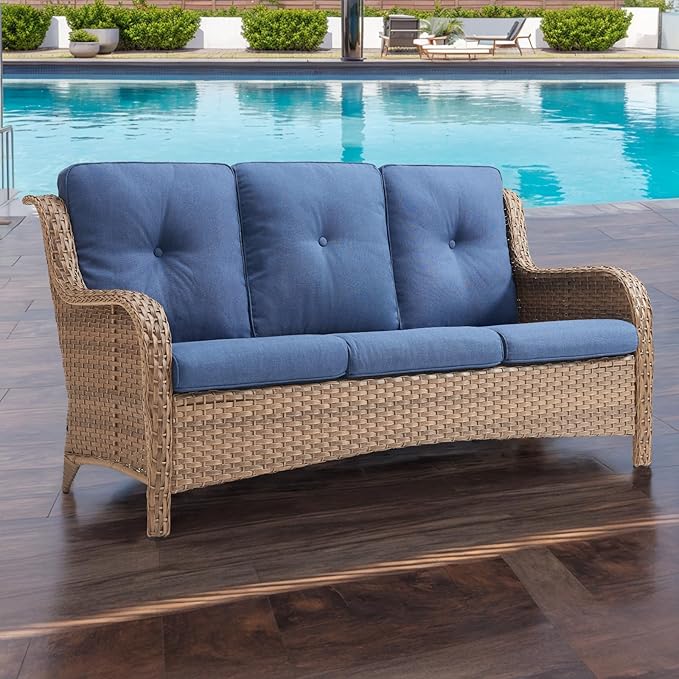 Rilyson Outdoor Couch Wicker Patio Sofa - 3 Seat Rattan Sofa with Deep Seating and Comfortable Cushions for Porch Deck Balcony Garden(Yellow/Blue)