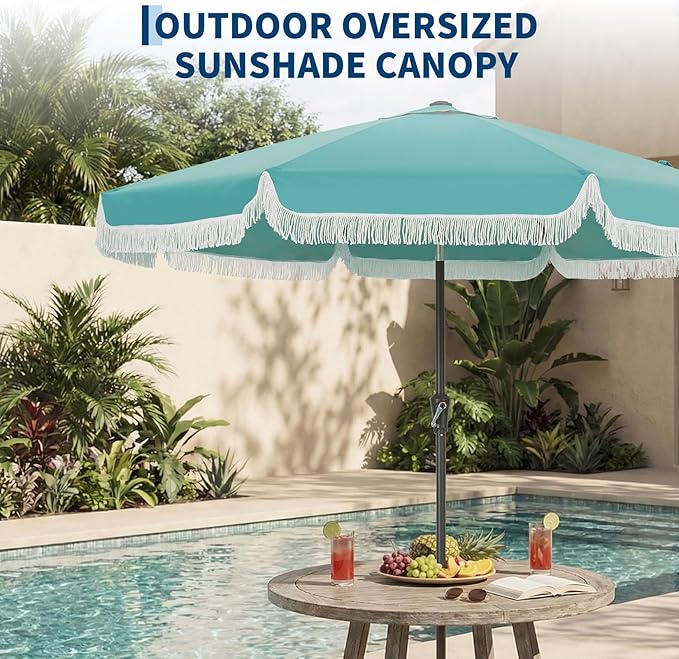 Garvee 10FT Fringe Patio Umbrella with Crank Handle,Push Button Tilt for Sun Shade,8 Fiberglass Ribs, 1.5"D Premium Steel Pole,Outdoor Large Tassel Umbrella for Patio Beach Pool Backyard,10' Lake Blue