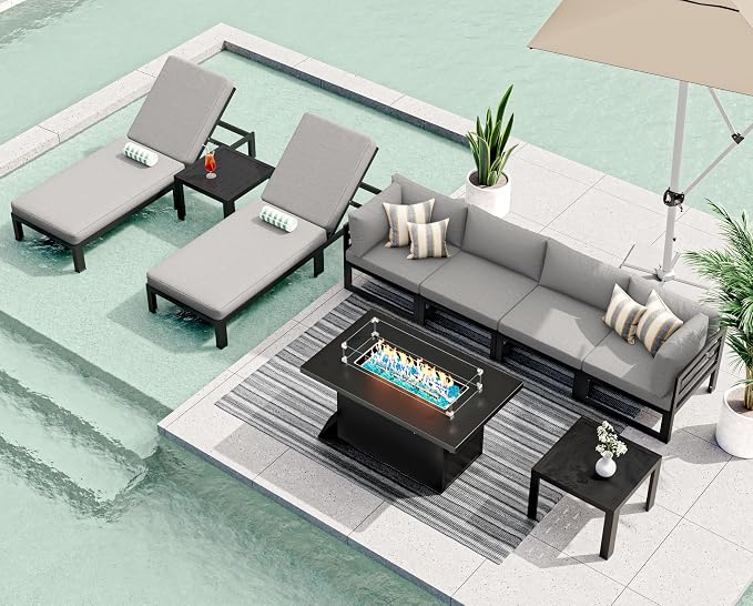 RADIATA 9 Piece Large Contemporary Aluminum Outdoor Furniture Set with Sun Bed & Fire Pit Table, 29 inch Deep Couch Set, 500 lbs High Weight Capacity, Patio Sectional Sofa for Poolside, Light Gray