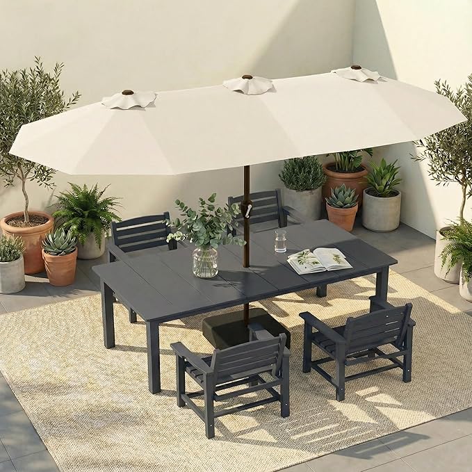 HDPE Outdoor Dining Set for 4, 5-Piece Outdoor Dining Table Set with 15FT Patio Umbrella, Patio Table and Chairs Set with Aluminum Frame & Legs (Gray)