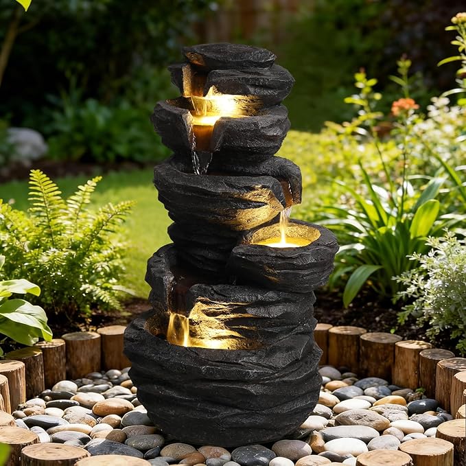Water Fountain Outdoor 25.6" H Elegant Resin Soothing Cascading Water Feature for Garden Yard Patio Pond Landscape Decor, Ideal Gift for Housewarming & Garden Lovers