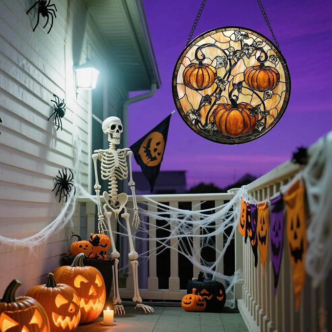 DASTOLL Stained Glass Window Hanging - Halloween Decoration Orange Pumpkin Vine Leaves Suncatcher for Door Garden Spooky Sun Catchers Gothic Decor Horror Gifts for Women Men Friend Boy Girl 9.8 in