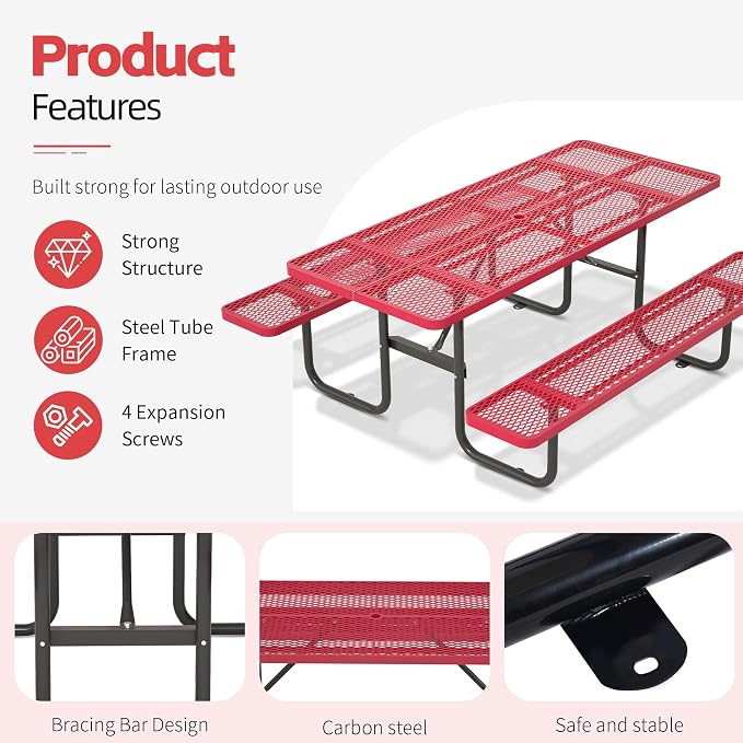 72" Outdoor Rectangular Picnic Table with Umbrella Hole, Heavy Duty Commercial Grade Steel Camping Table for Backyard Patio Deck, Weather-Resistant Red Metal Mesh