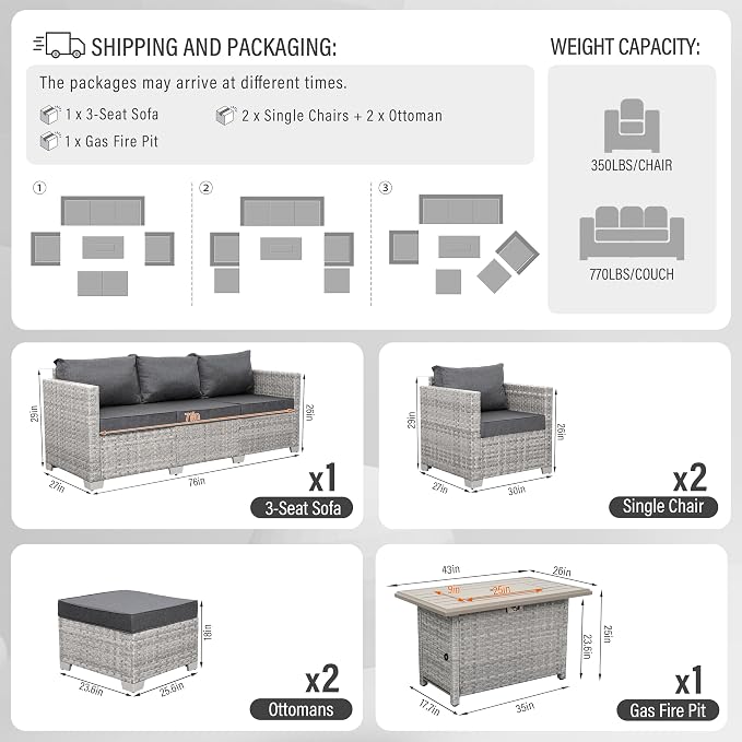 WAROOM Patio Furniture Set 6 Piece PE Rattan Outdoor Conversation Sets Grey Wicker Couch Sectional Sofa with Fire Pit Table and Grey Cushion
