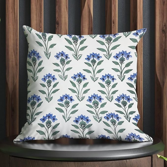 Mughal Flower Pillow Cover Blue Lotus Floral Throw Pillow Cover Classic Square Couch Sofa Cushion Covers for Patio Furniture Garden 24x24 in