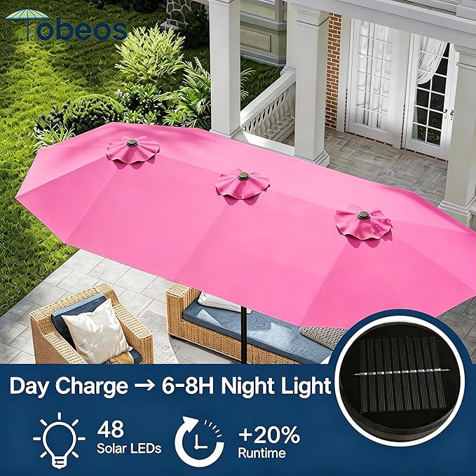 15ft Large Patio Umbrella with Solar Lights and Base, Double-Sided Outdoor Rectangle Umbrella with 48 LED Lights, Market Table Umbrellas with UV Resistant Canopy
