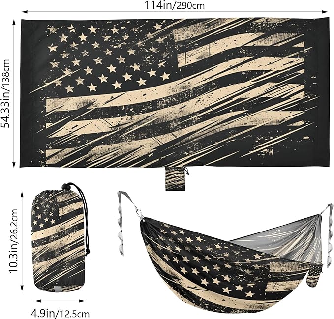 Vintage Military American Flag Black Hammocks for Camping with Portabl Carry Bag Backyard Hammock for Indoor Outdoor Patio