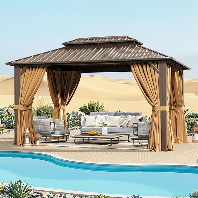 10x14FT Hardtop Gazebo, Metal Frame with Double Galvanized Steel Roof, Permanent Outdoor Pergola with Curtains and Netting Included for Backyard, Patio, Lawn and Garden, Brown