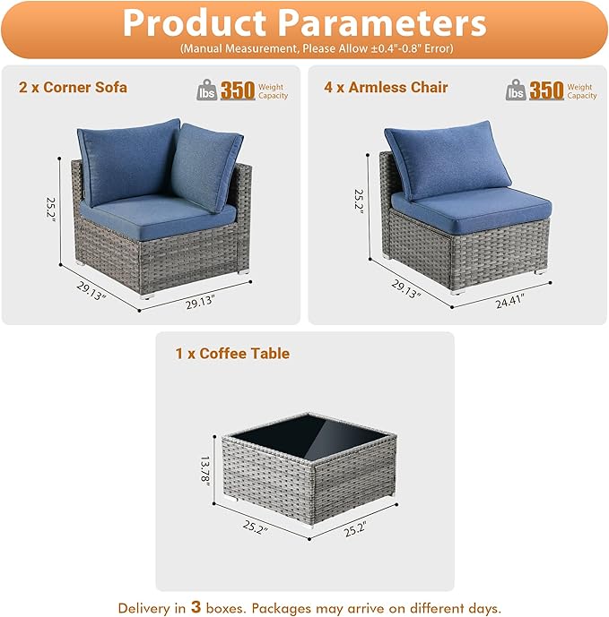 7 PCS Outdoor Patio Furniture Sets,Wicker Weather Resistant Patio Conversation Set with Comfy Cushions,Modular L Shaped Sofa with Coffee Table for Yard Backyard Porch Garden Poolside,Denim Blue