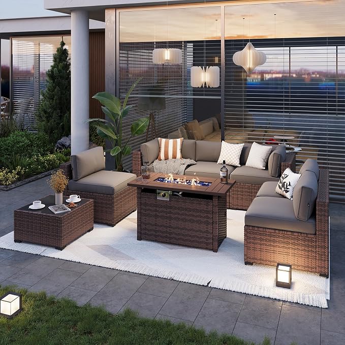 Aoxun Patio Furniture Sets, 8-Piece Outdoor Patio Furniture with 44'' Propane Gas Firepit Table, Wicker Outdoor Conversation Set Sectional Sofa for Backyard, Poolside, Garden