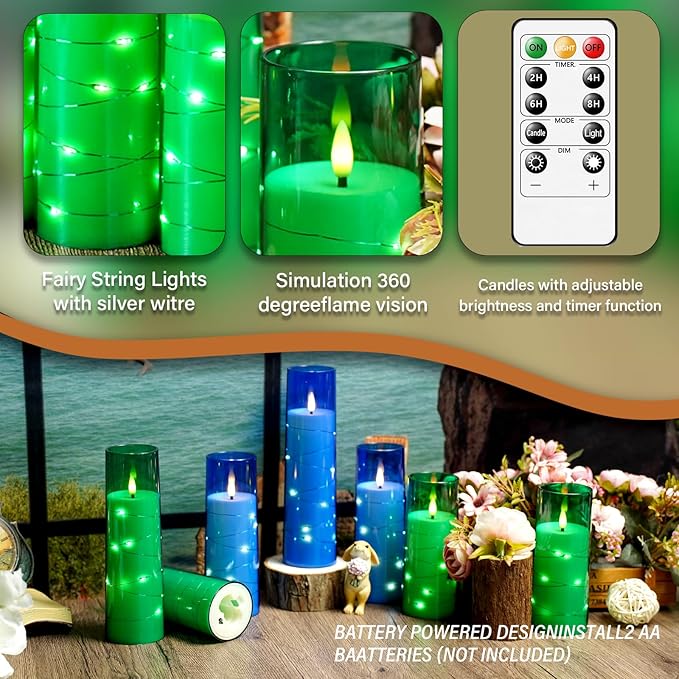 kakoya Flameless LED Candles with Timer 9 Pc Flickering Flameless Candles for Romantic Ambiance and Home Decoration Stable Acrylic Shell,with Embedded Star String，Battery Operated Candles（Green）