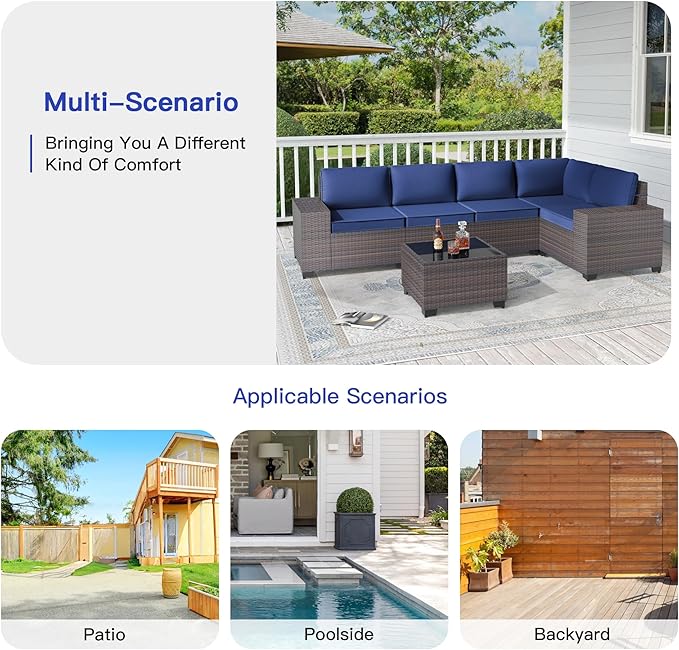 Patio Furniture Set 6 Pieces Outdoor Sectional Sofa Set,PE Rattan Wicker Patio Conversation Set with Thickened Cushions and Glass Coffee Table,NavyBlue