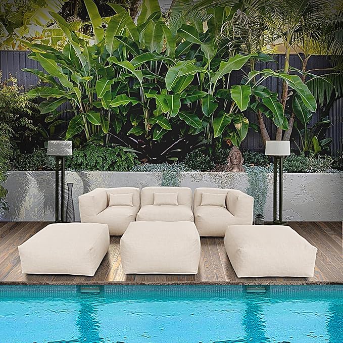 Patio Furniture Set Bean Bag Chairs PortoCervo 6PC Outdoor Chairs Sectional Conversation Patio Set Daybed Furniture Outdoor Sofa Couch High Density Foam Filling Modern Comfy Patio Couch (Light Beige)