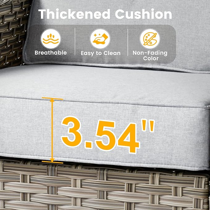 10 Pieces Patio Sectional Furniture Set, Outdoor Wicker Sectional Couch with High Back Swivel Rocker Chairs Solar Lights Table, Modern Conversation Set for Porch Balcony Backyard, Gray
