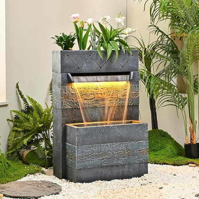 34.65'' Outdoor Garden Cascading Stone Floor-Standing Waterfall Fountain with LED Lights for Patio, Backyard, Deck, Porch and Home Art Decor