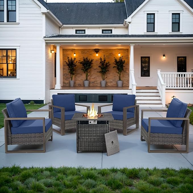 Belord Social 5 Pieces Patio Furniture Set - Patio Chairs Set of 4 with 50000BTU Propane Fire Pit Table, Durable Wicker Outdoor Conversation Set for Casual Gathering