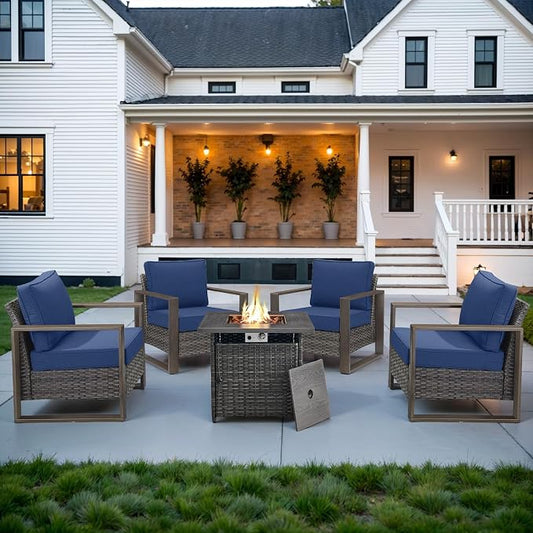 Belord Social 5 Pieces Patio Furniture Set - Patio Chairs Set of 4 with 50000BTU Propane Fire Pit Table, Durable Wicker Outdoor Conversation Set for Casual Gathering